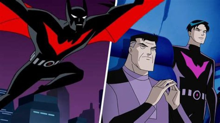 Batman from Batman Beyond has his wings spread.