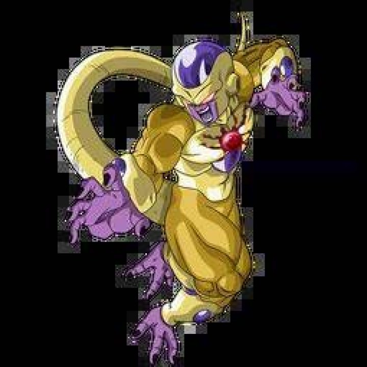 Frieza In his Xeno Golden Form is in front of a blue background.
