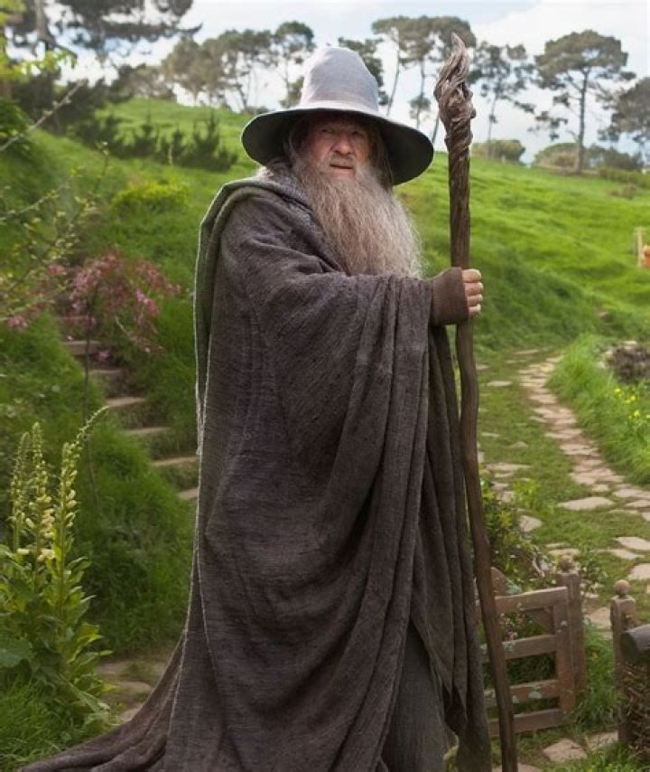 Gandalf is holding up a wand in Lord of the Rings.