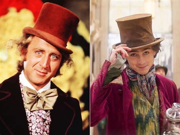 Gene Wilder, Timothee Chalamet and Johnny Depp's Willy Wonkas superimposed over a pink-hued photo of the chocolate factory from 2005's Charlie and the Chocolate Factory