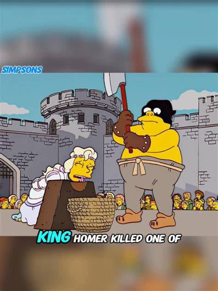 Homer has people holding swords at him.