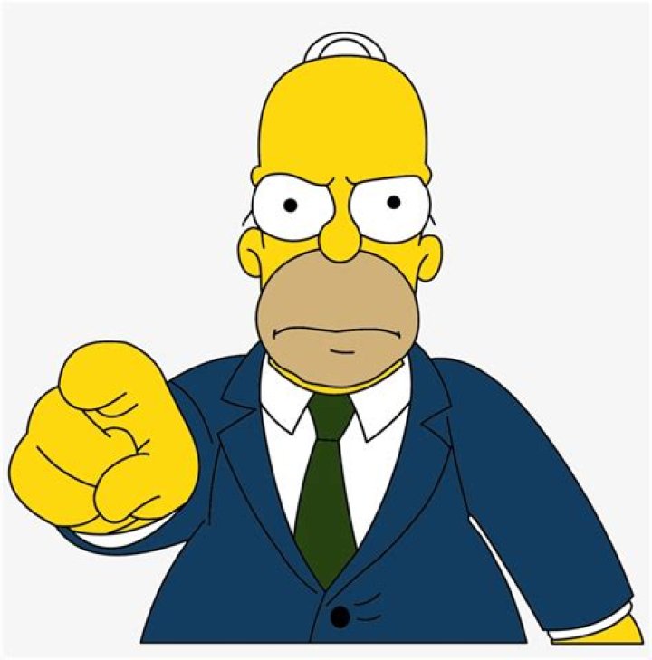 Homer Simpson is pointing his finger at a sumo wrestler. 