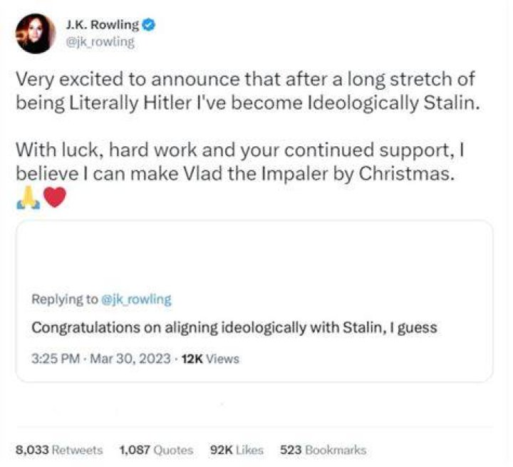 J.K. Rowling celebrates going from ‘literally Hitler’ to ‘ideologically Stalin’ while proposing a new goal