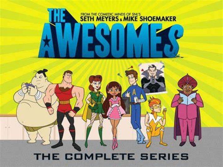 The characters of The Awesomes are sitting in a living room.