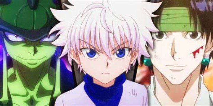 Three characters from Hunter x Hunter are standing together.